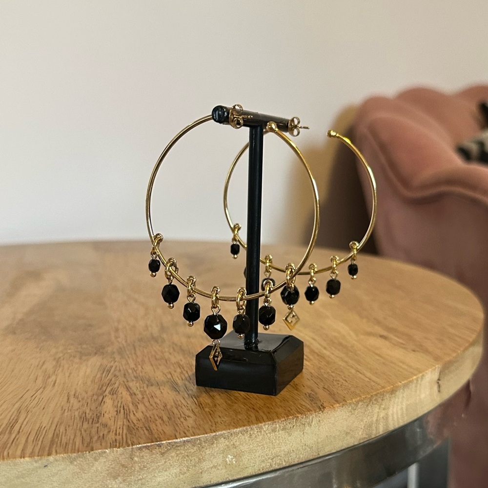 Fendi Gold Hoop Earrings with Black Bead Charms - Picture 6 of 7